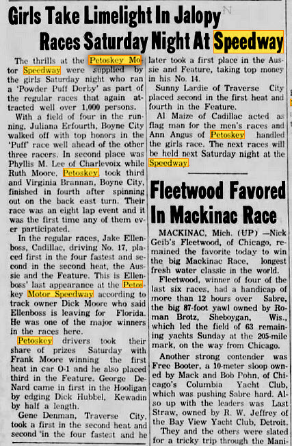 Petoskey Motor Speedway - July 23 1956 Article (newer photo)